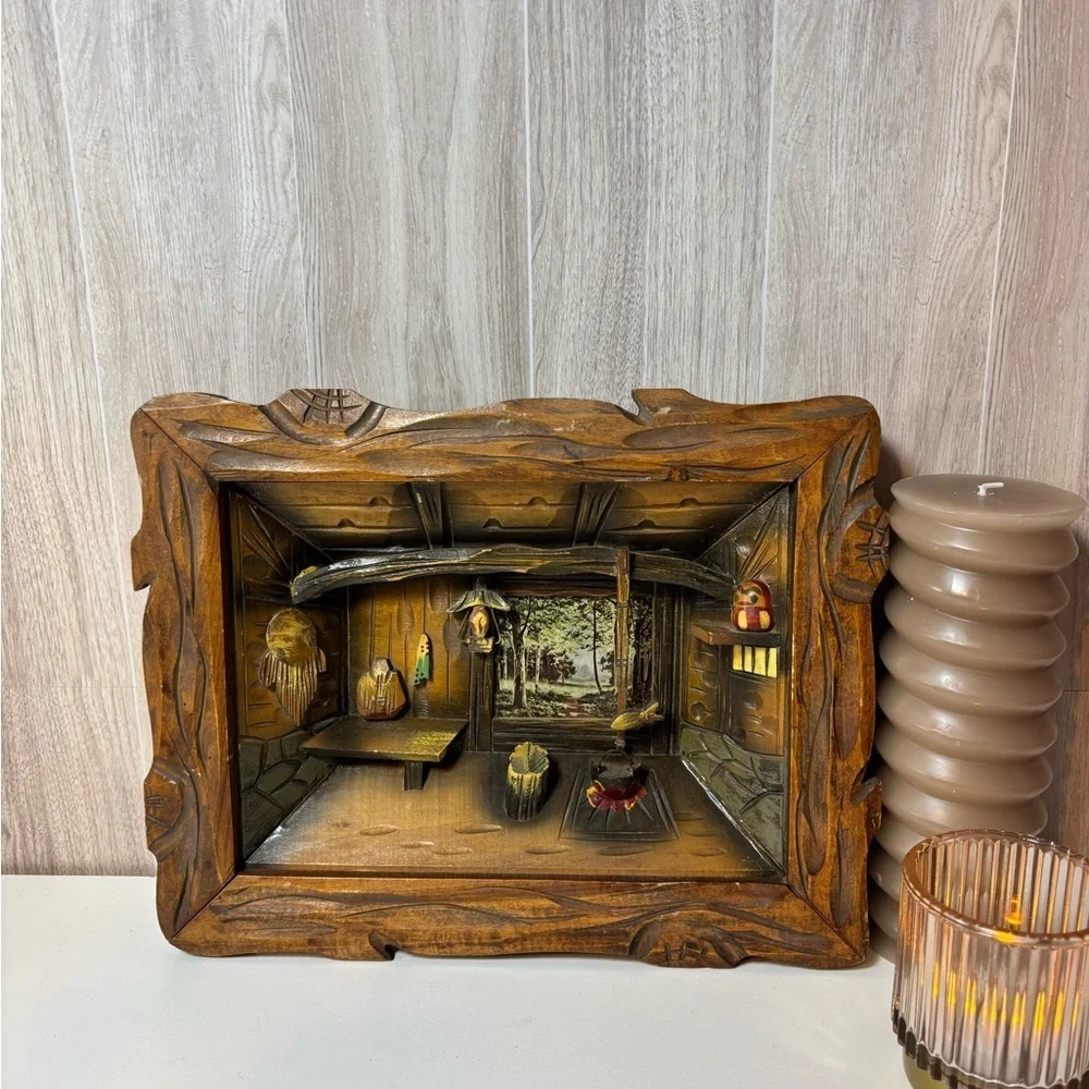 Vintage 3D Hand Carved Wooden Shadow Box Diorama Rustic Fishing Cabin Interior